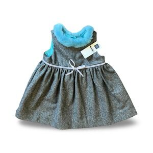 BABY GAP‎ Gray Wool Herringbone DRESS Blue Faux Fur Collar Size 6-12 Month NWT